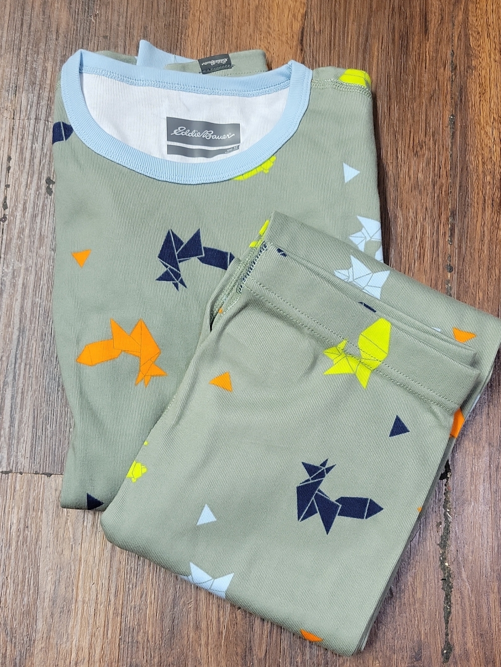 Eddie Bauer Olive Green Origami Fox Print Kids Pajama Set with Light Blue Trim
